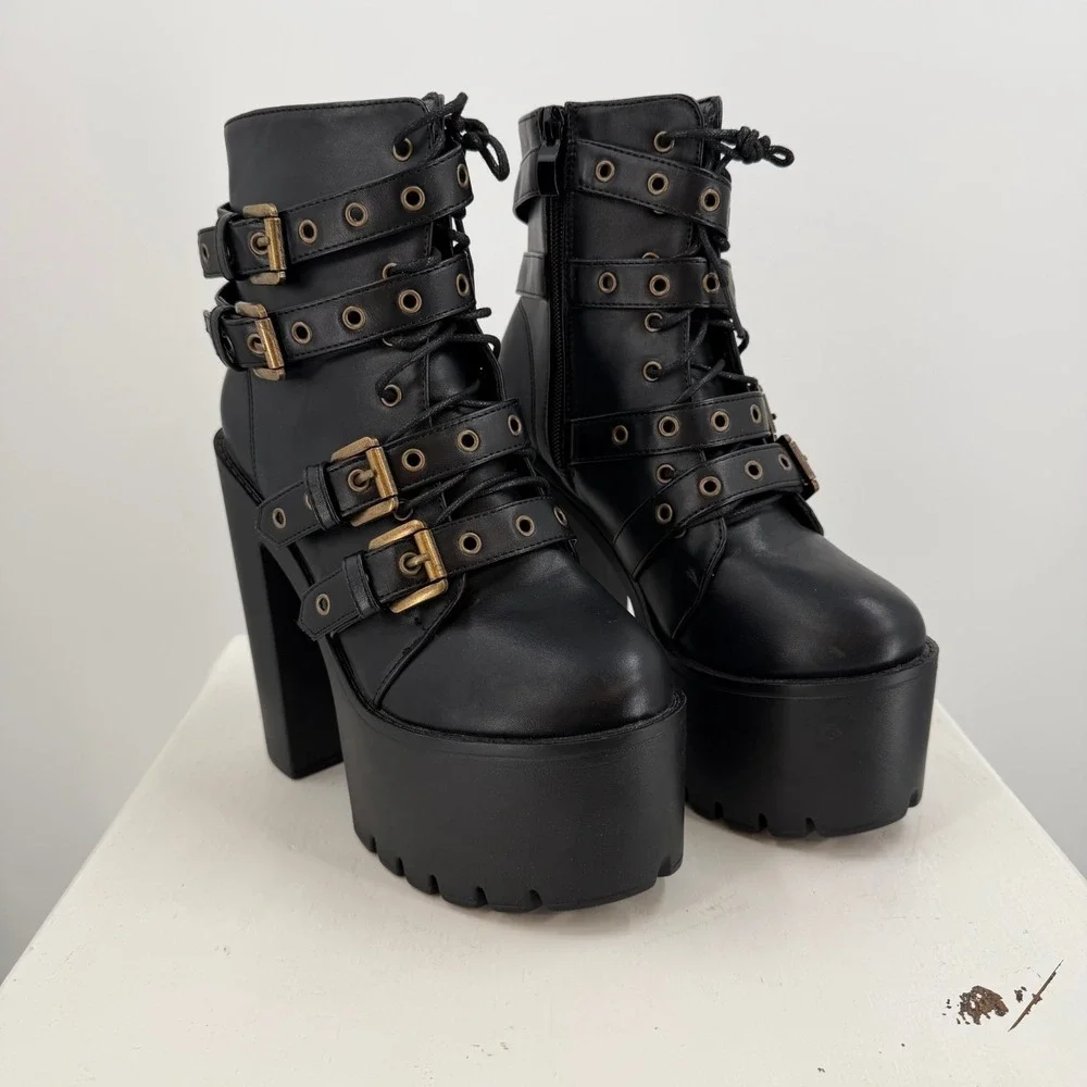 Womens Size 6 Black‎ Platform Boots Goth Punk Buckle Strap Chunky Heel